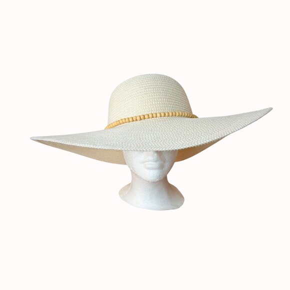 New Day Wide Brim Straw Sun Hat Wooden Bead Band Size M Resort Chic Beach Cruise - Picture 13 of 16